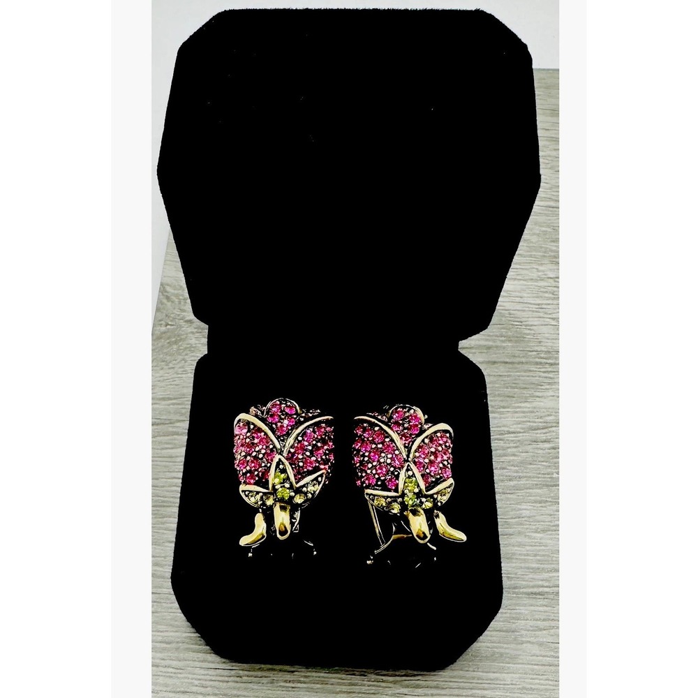 Heidi Daus Rose Bud Crystal Omega Back Earrings Pink Fuchsia Bronzetone Floral